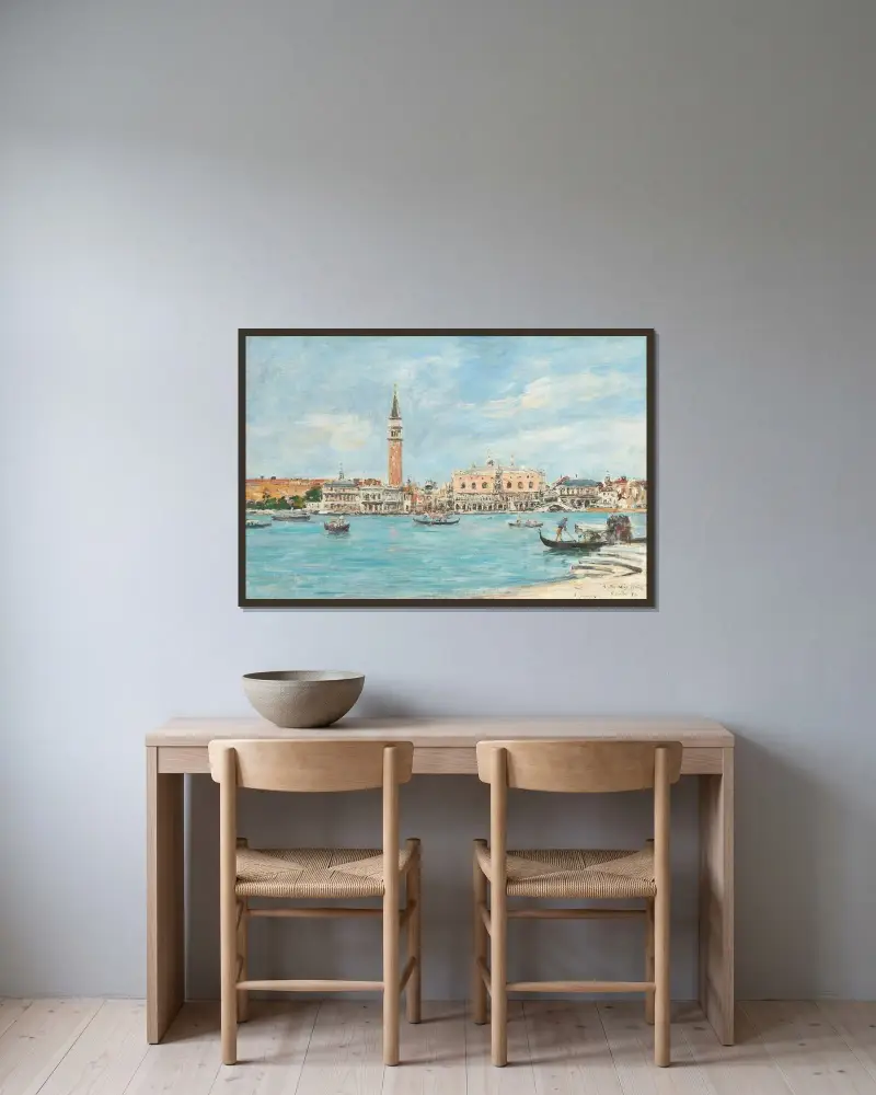 Venedig. Campanilen, Dogepalatset och Piazzettan. Vy från San Giorgio av Eugène Boudin inramad på en vägg