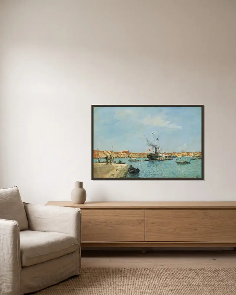 Venedig, Canal Grande, ånga och gondoler av Eugène Boudin inramad på en vägg