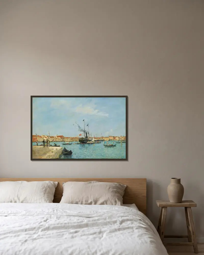 Venedig, Canal Grande, ånga och gondoler av Eugène Boudin inramad på en vägg