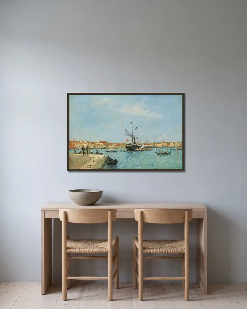 Venedig, Canal Grande, ånga och gondoler av Eugène Boudin inramad på en vägg