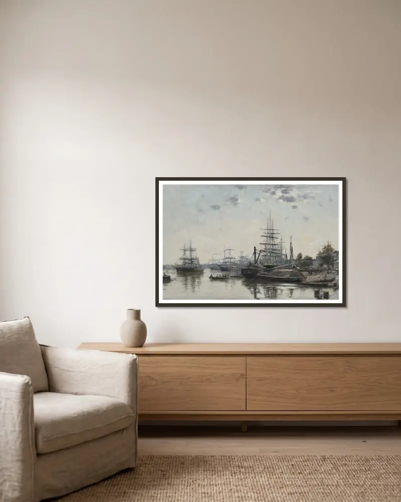 Blick auf Bordeaux vom Quai des Chartrons von Eugène Boudin gerahmt an einer Wand