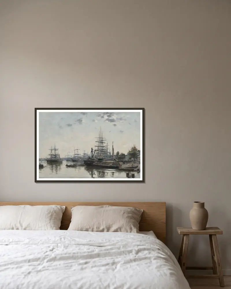 Blick auf Bordeaux vom Quai des Chartrons von Eugène Boudin gerahmt an einer Wand
