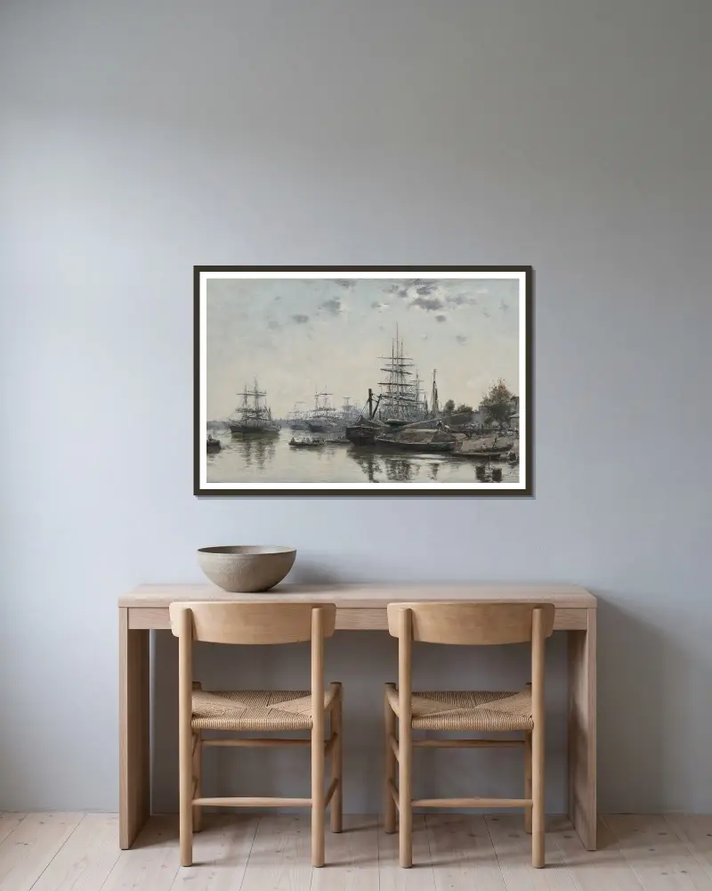 Blick auf Bordeaux vom Quai des Chartrons von Eugène Boudin gerahmt an einer Wand