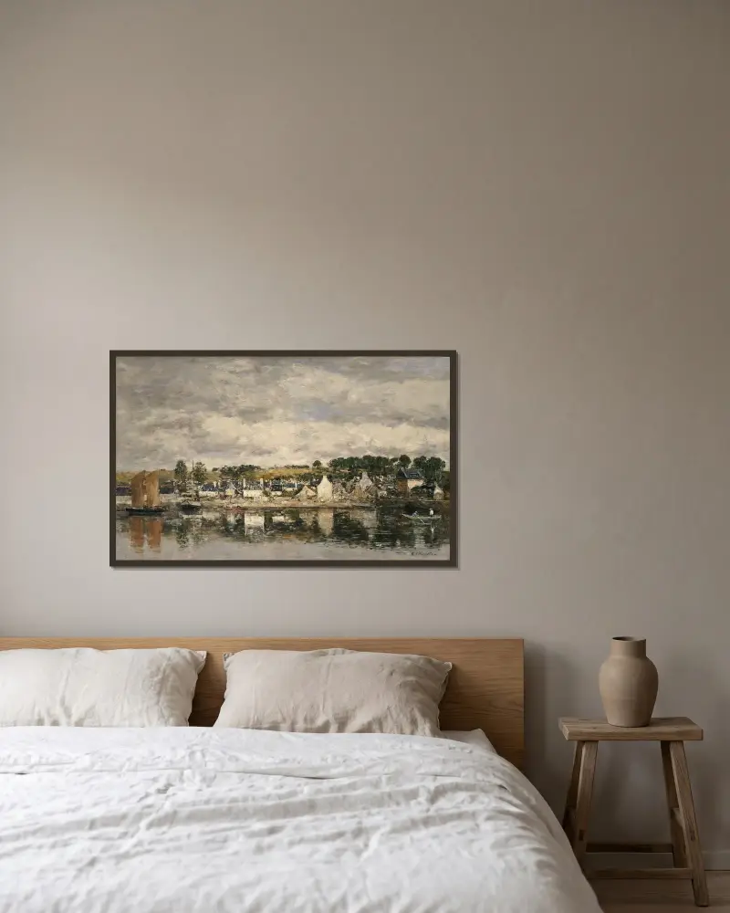 By vid en flod av Eugène Boudin inramad på en vägg