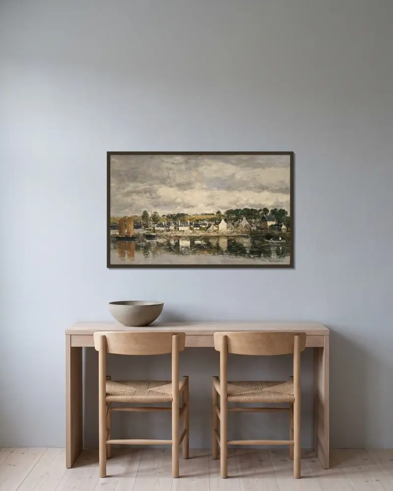 By vid en flod av Eugène Boudin inramad på en vägg