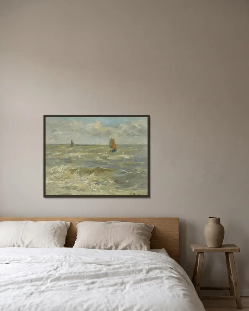 Segelbåtar till havs av Eugène Boudin inramad på en vägg