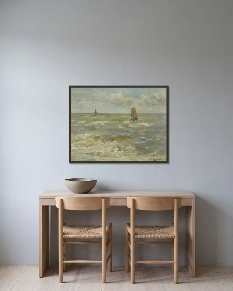 Segelbåtar till havs av Eugène Boudin inramad på en vägg