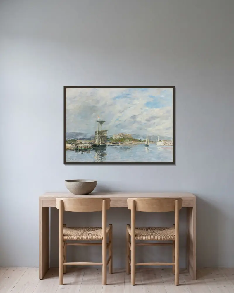 Utsikt över hamnen i Antibes. Kajen, morgon av Eugène Boudin inramad på en vägg