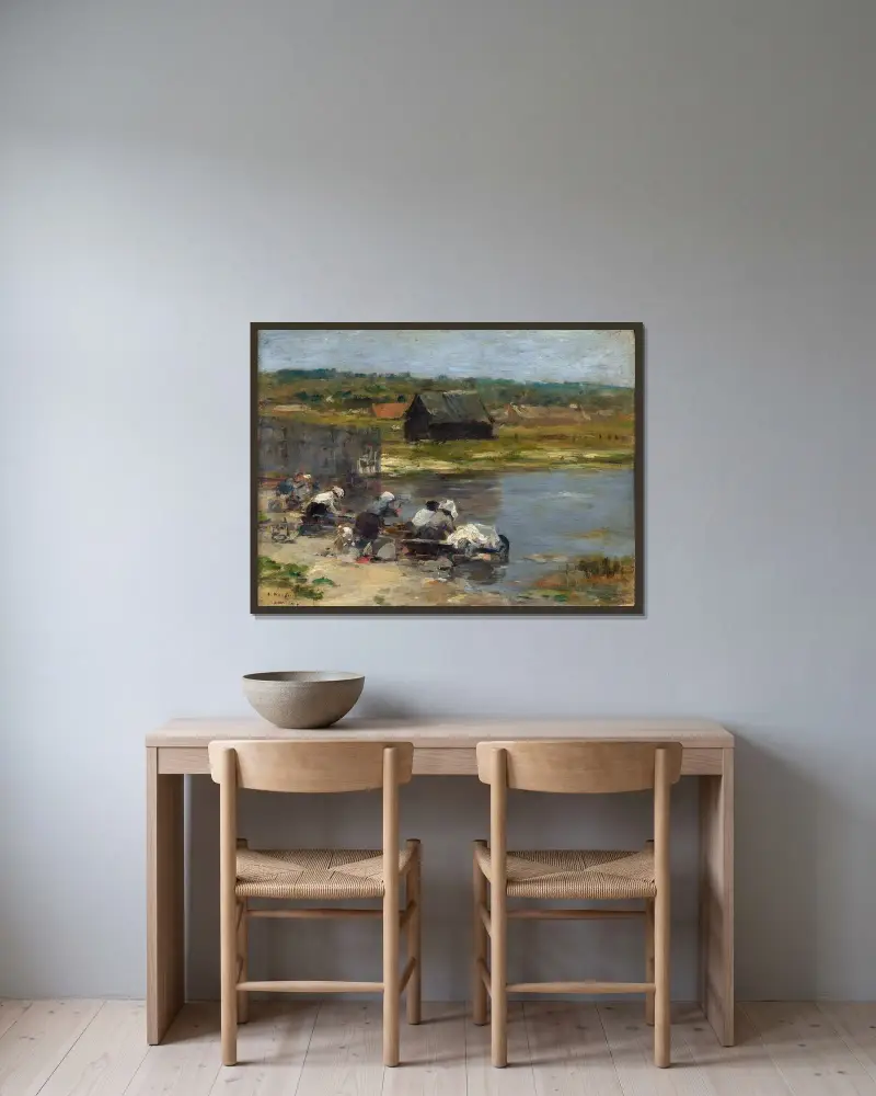 Tvätterskor vid dammens kant av Eugène Boudin inramad på en vägg
