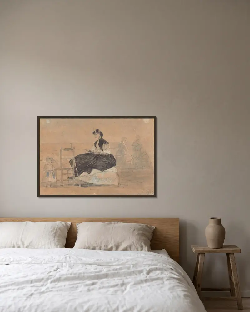 Frau im Reifrock am Strand von Trouville von Eugène Boudin gerahmt an einer Wand