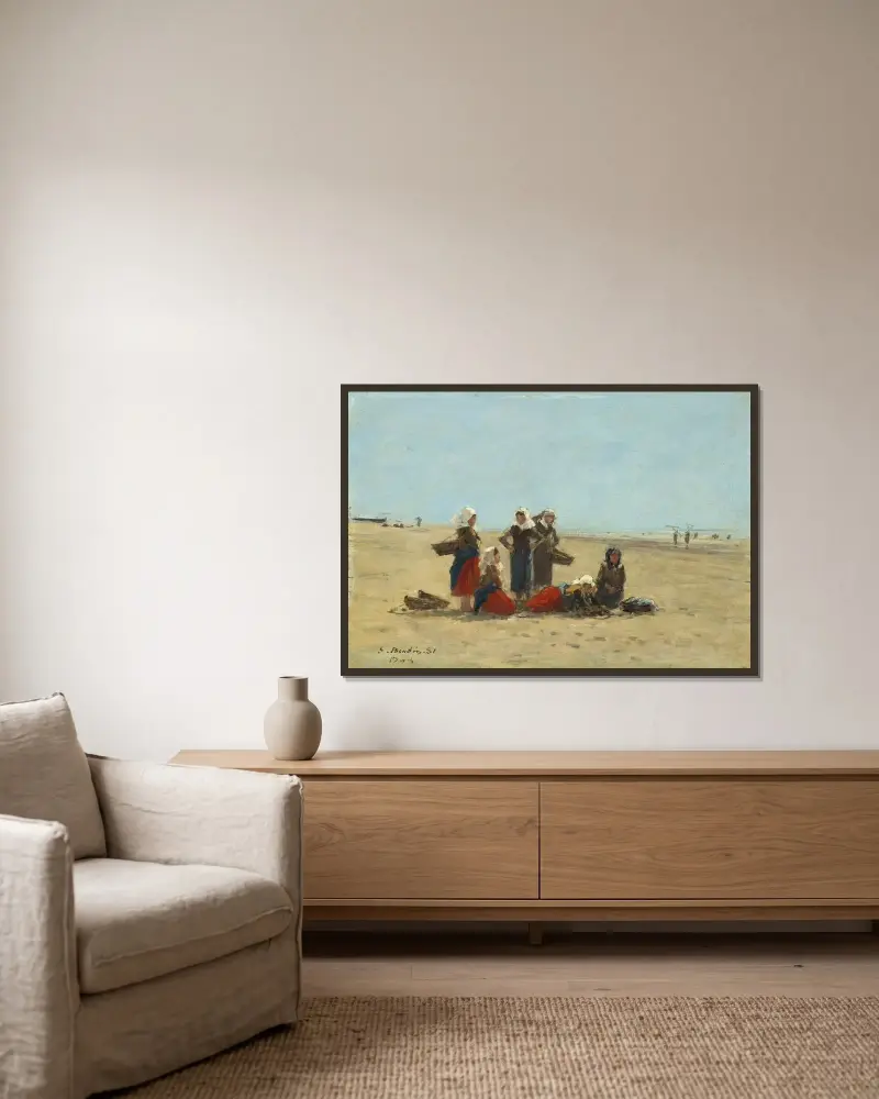 Kvinnor på stranden vid Berck av Eugène Boudin inramad på en vägg