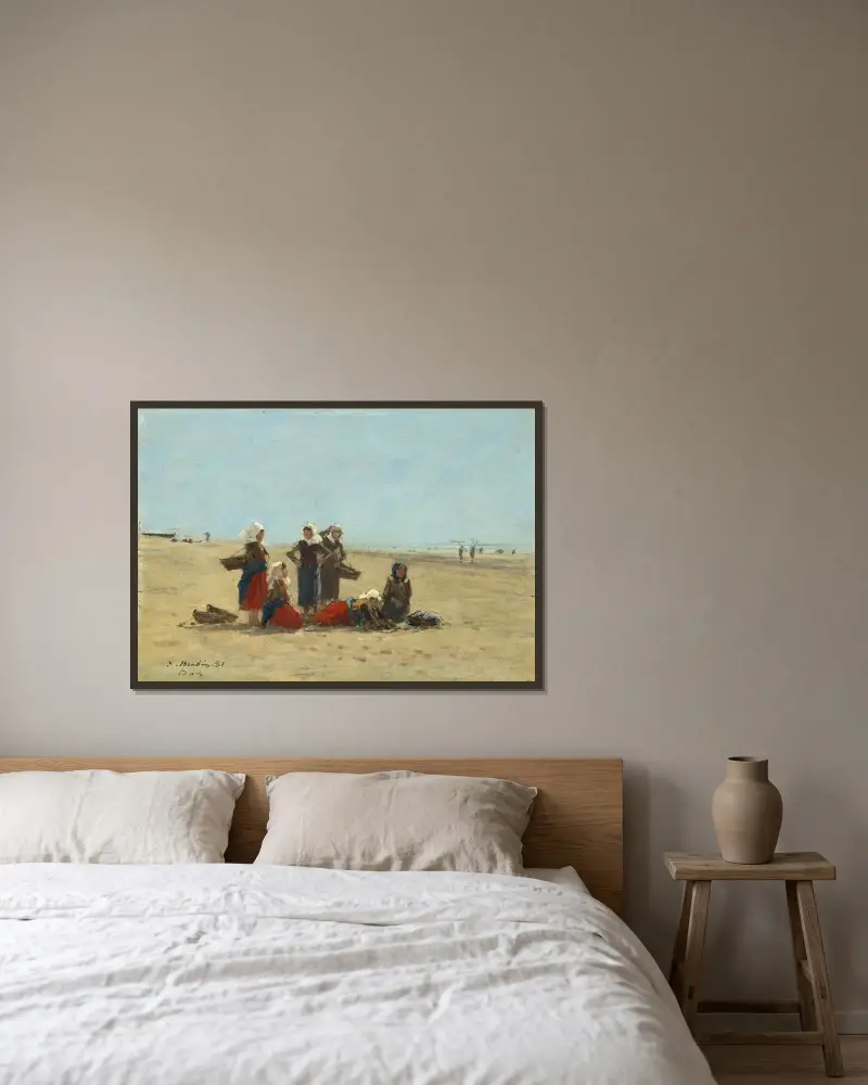 Kvinnor på stranden vid Berck av Eugène Boudin inramad på en vägg