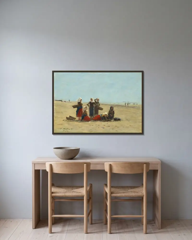 Kvinnor på stranden vid Berck av Eugène Boudin inramad på en vägg