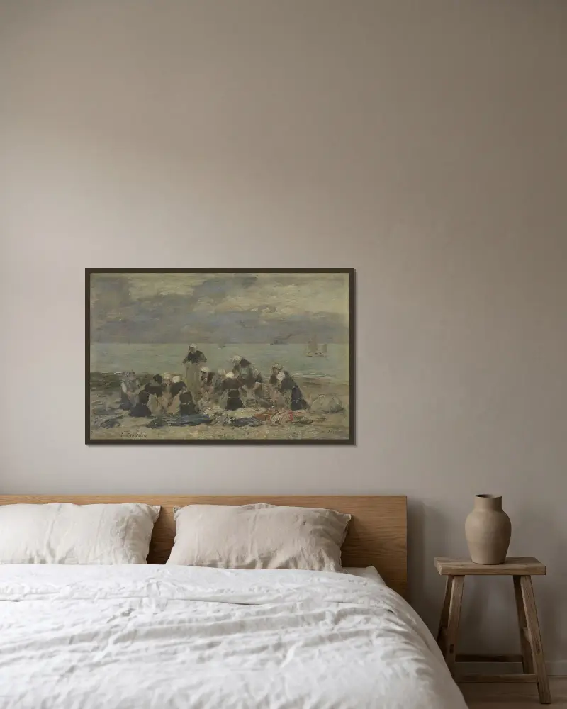 Kvinnor tvättar kläder vid Étretat av Eugène Boudin inramad på en vägg