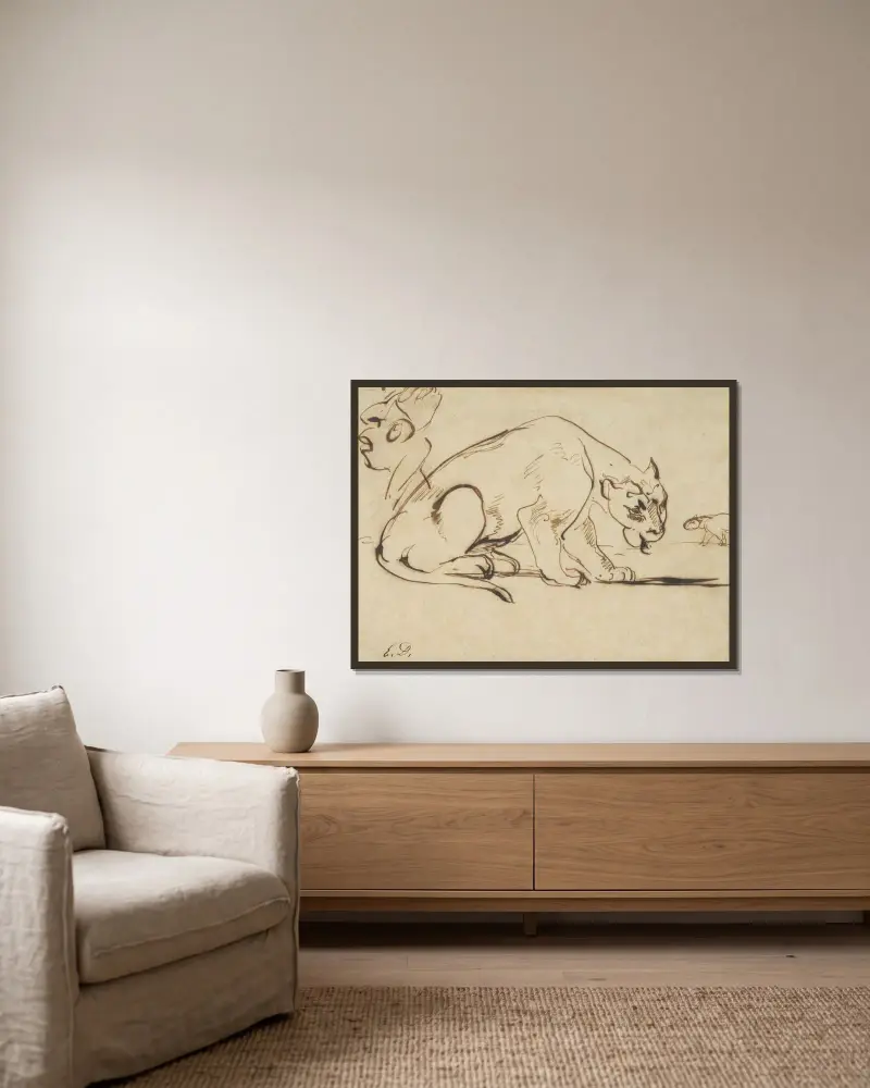En lejoninna och en karikatyr av Ingres av Eugène Delacroix inramad på en vägg