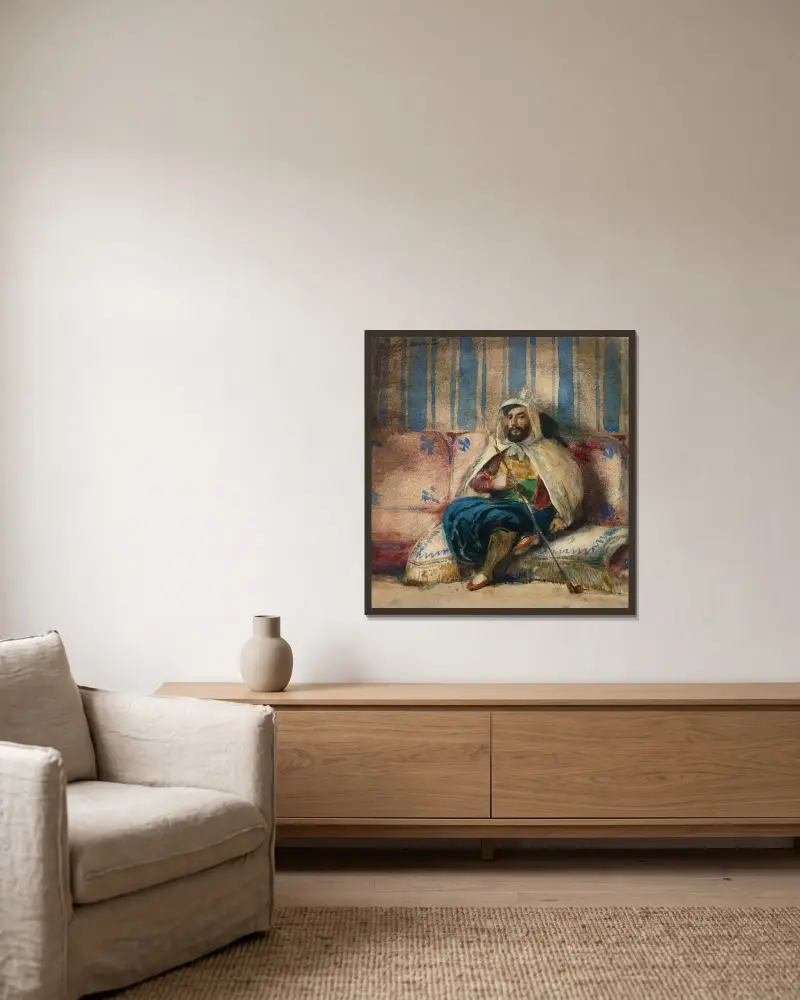 A man in Oriental costume smoking on a sofa av Eugène Delacroix inramad på en vägg
