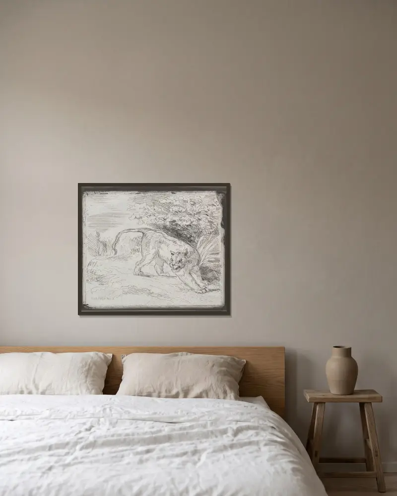 Ein gefangener Tiger von Eugène Delacroix gerahmt an einer Wand