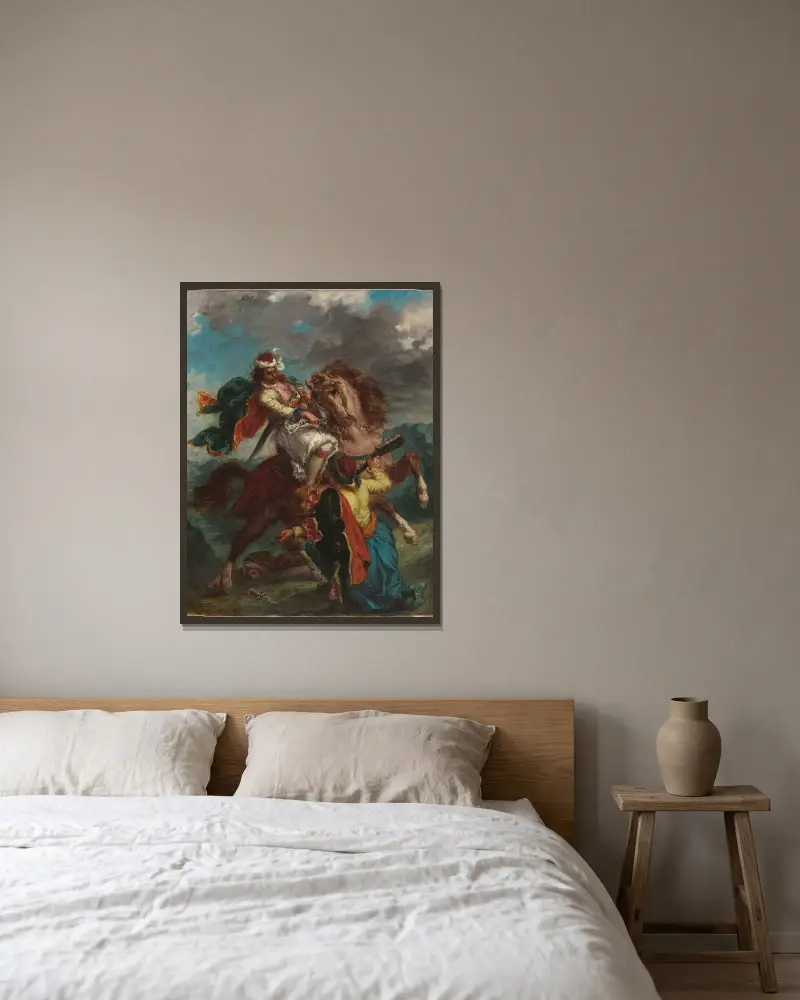 A Turk Surrenders to a Greek Horseman av Eugène Delacroix inramad på en vägg