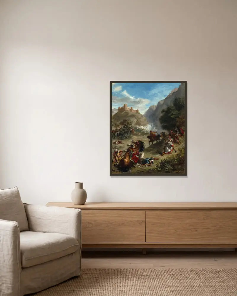Arabs Skirmishing in the Mountains av Eugène Delacroix inramad på en vägg