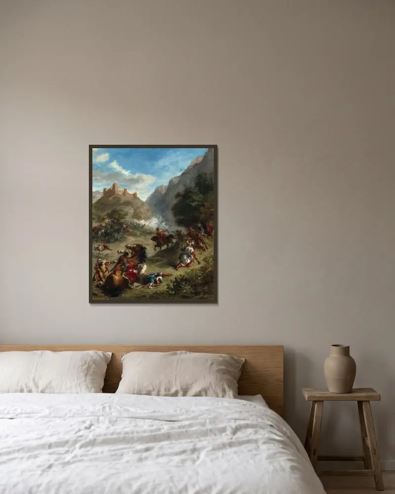 Arabs Skirmishing in the Mountains av Eugène Delacroix inramad på en vägg