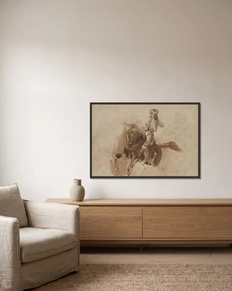Armored Figure on Horseback (recto) av Eugène Delacroix inramad på en vägg