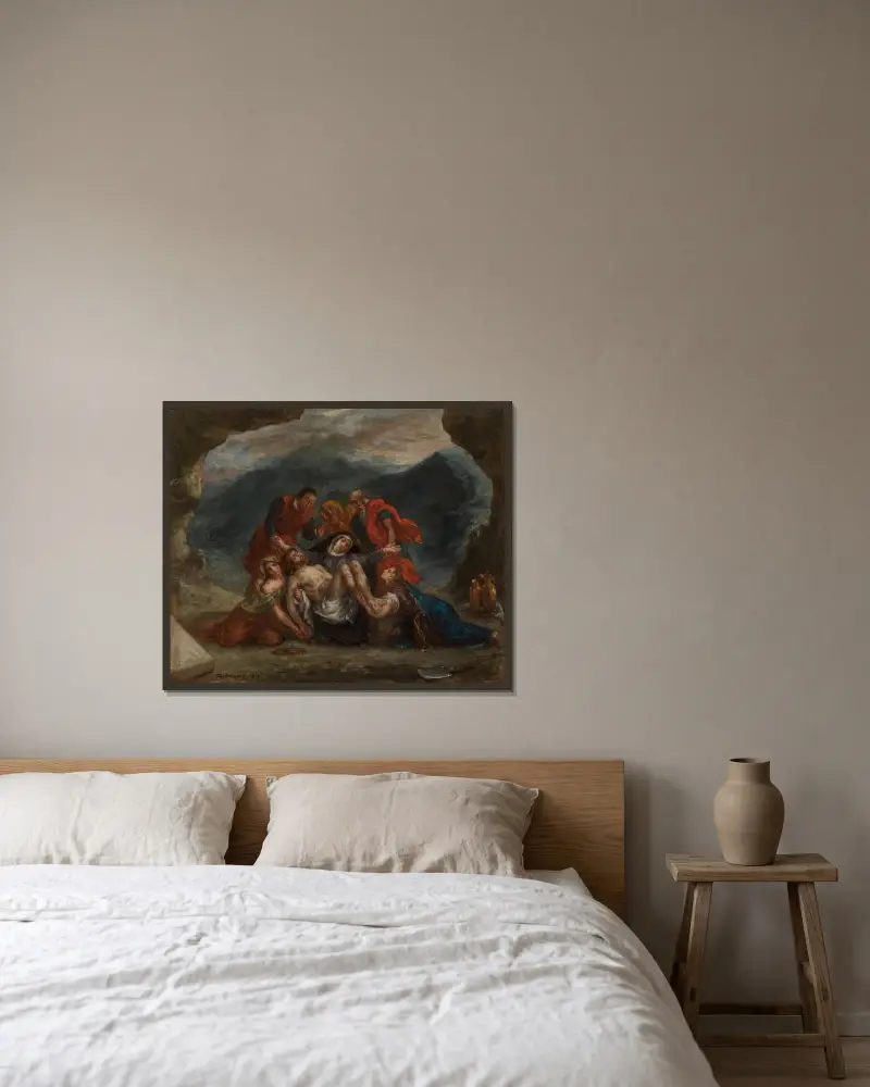 Beweinung Christi av Eugène Delacroix inramad på en vägg
