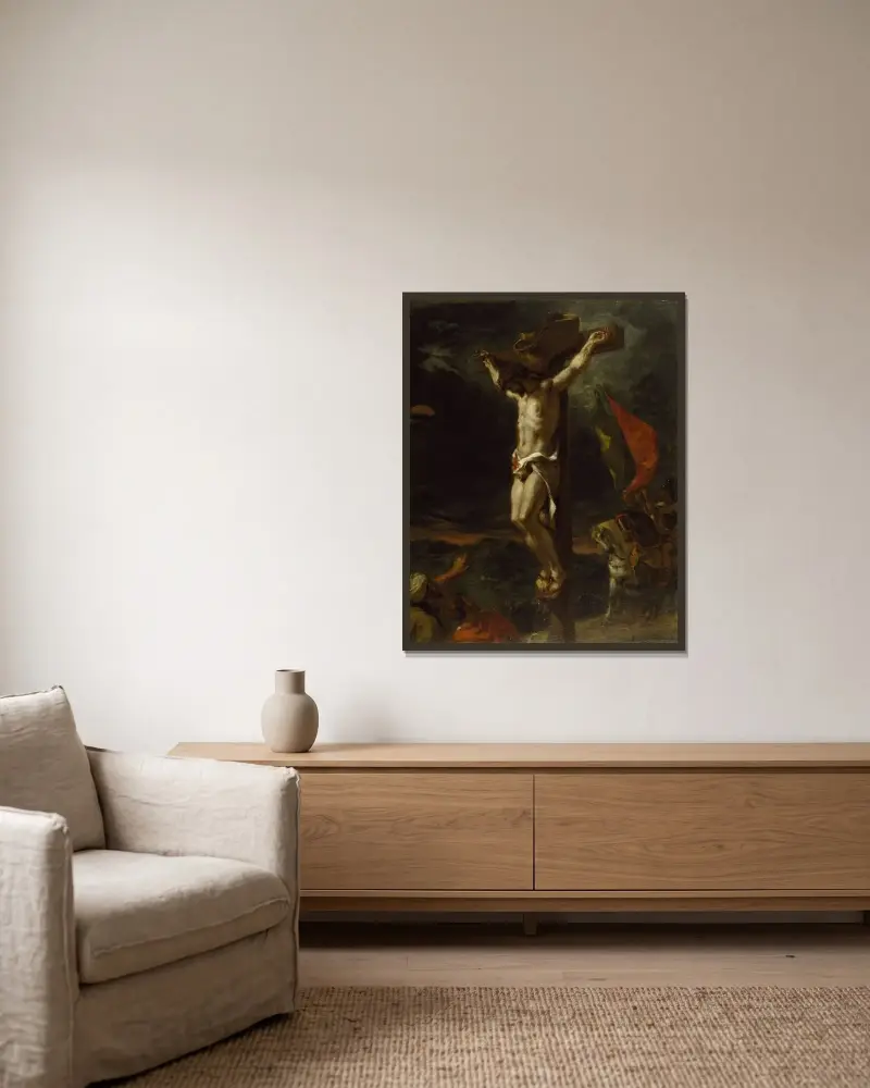 Christ on the cross av Eugène Delacroix inramad på en vägg