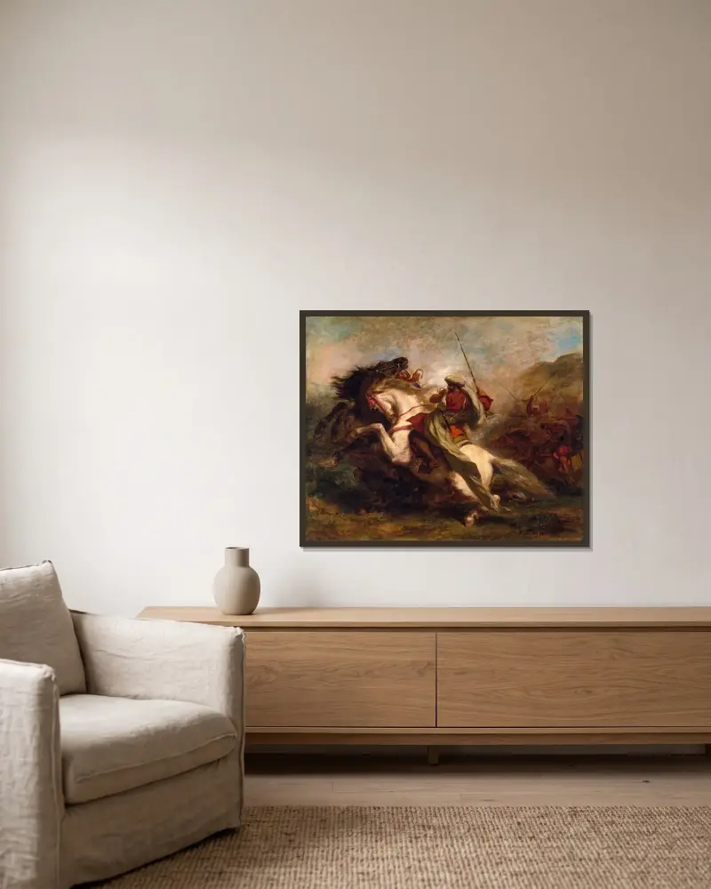 Collision of Moorish Horsemen av Eugène Delacroix inramad på en vägg