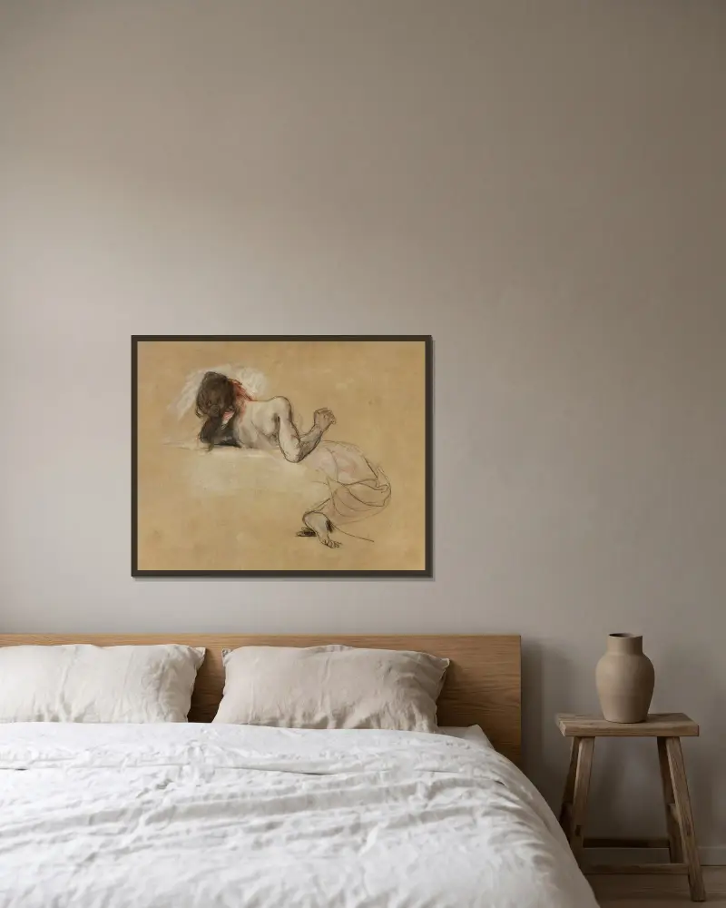 Hockende Frau von Eugène Delacroix gerahmt an einer Wand
