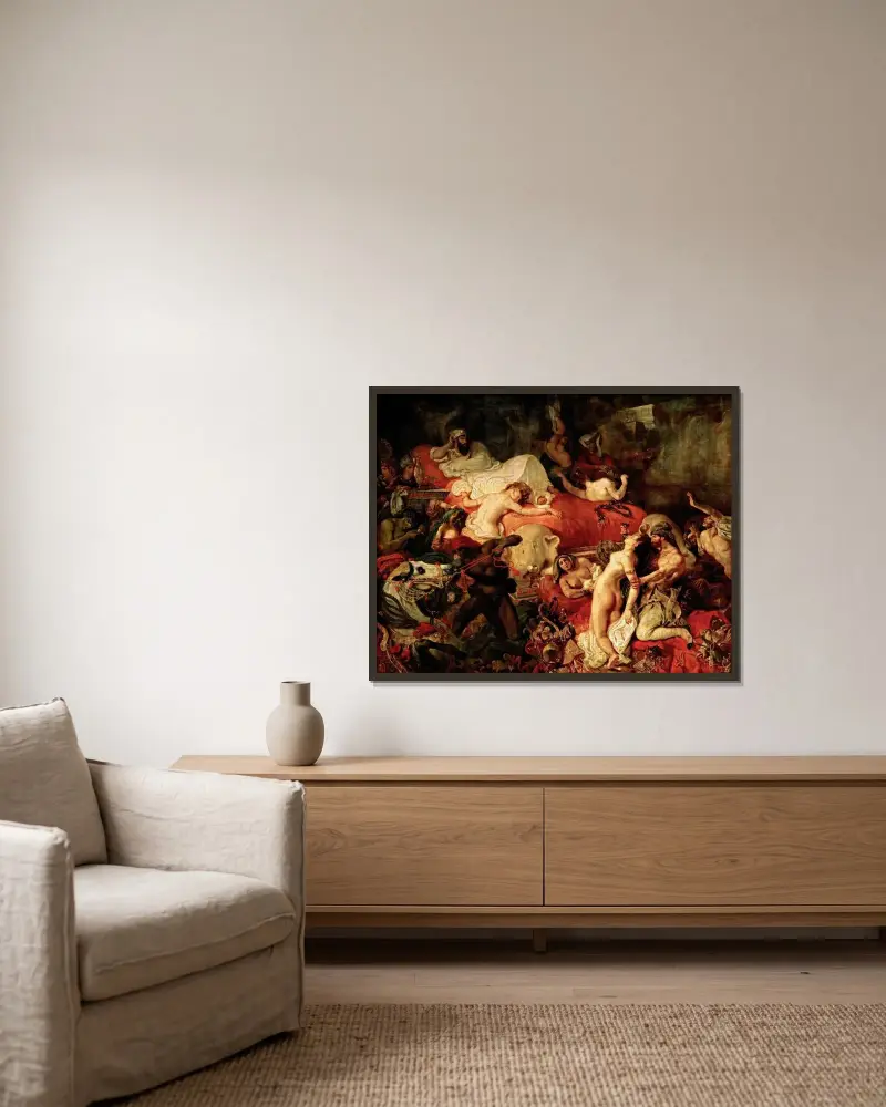 Death of Sardanapalus av Eugène Delacroix inramad på en vägg
