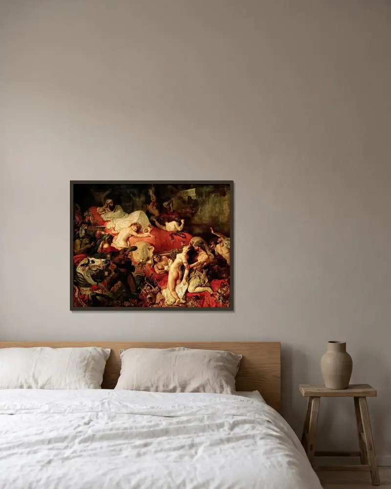 Death of Sardanapalus av Eugène Delacroix inramad på en vägg
