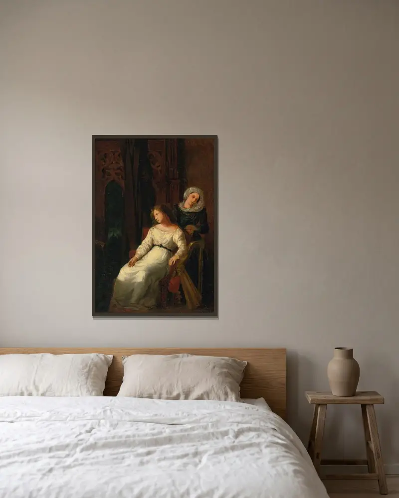 Desdemona och Emilia av Eugène Delacroix inramad på en vägg