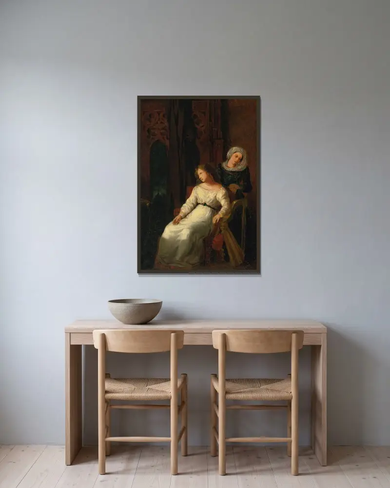 Desdemona och Emilia av Eugène Delacroix inramad på en vägg