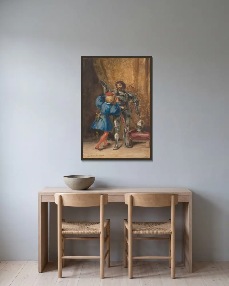 Götz von Berlichingen, von seinem Pagen Georg in Rüstung gekleidet von Eugène Delacroix gerahmt an einer Wand