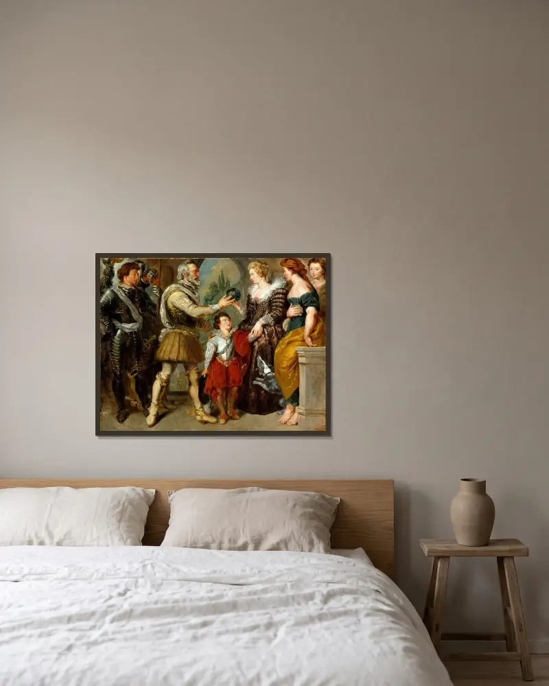 Henri IV Conferring the Regency upon Marie de’ Medici av Eugène Delacroix inramad på en vägg