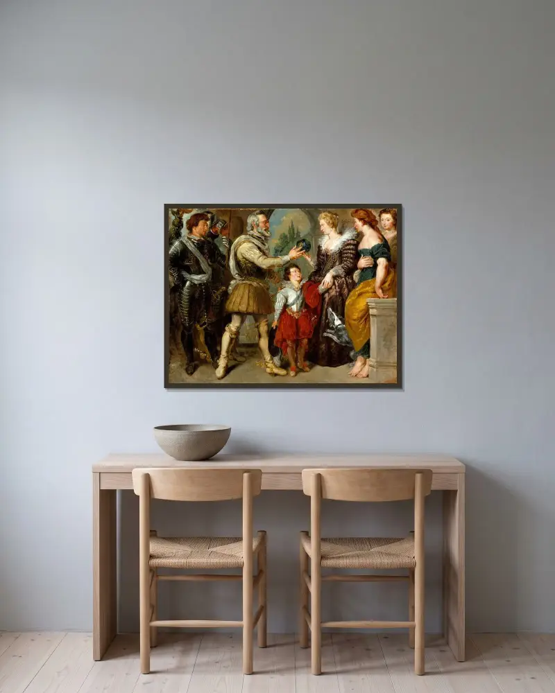 Henri IV Conferring the Regency upon Marie de’ Medici av Eugène Delacroix inramad på en vägg