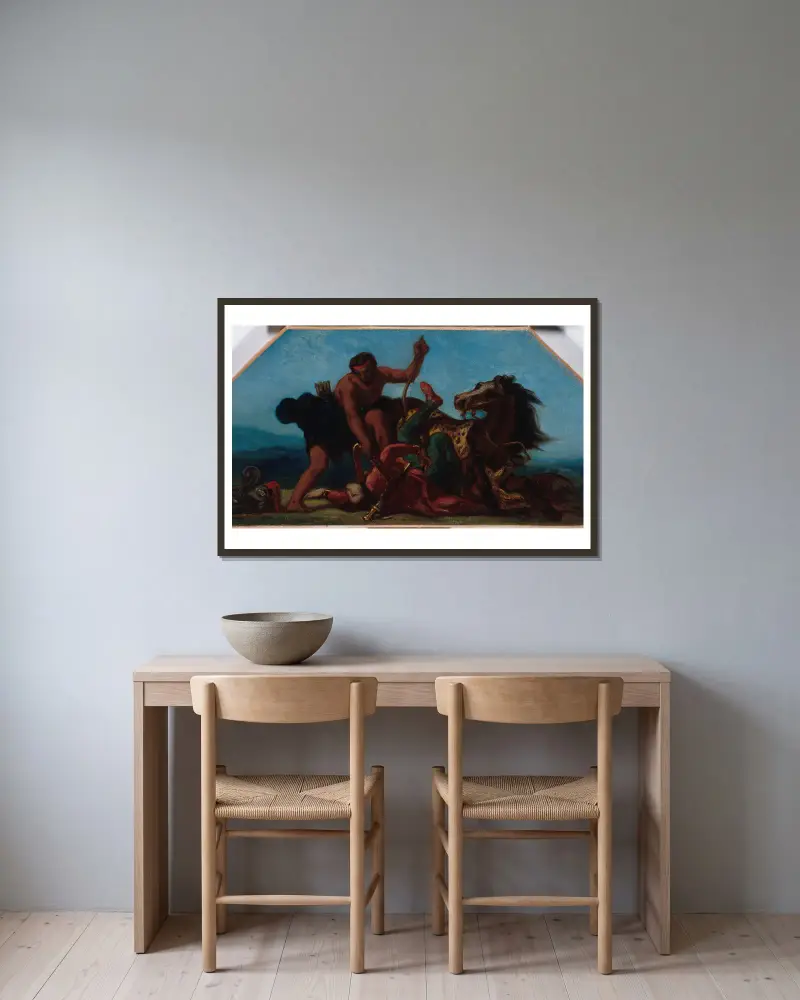 Hercule vainqueur d’Hippolyte, reine des Amazones av Eugène Delacroix inramad på en vägg