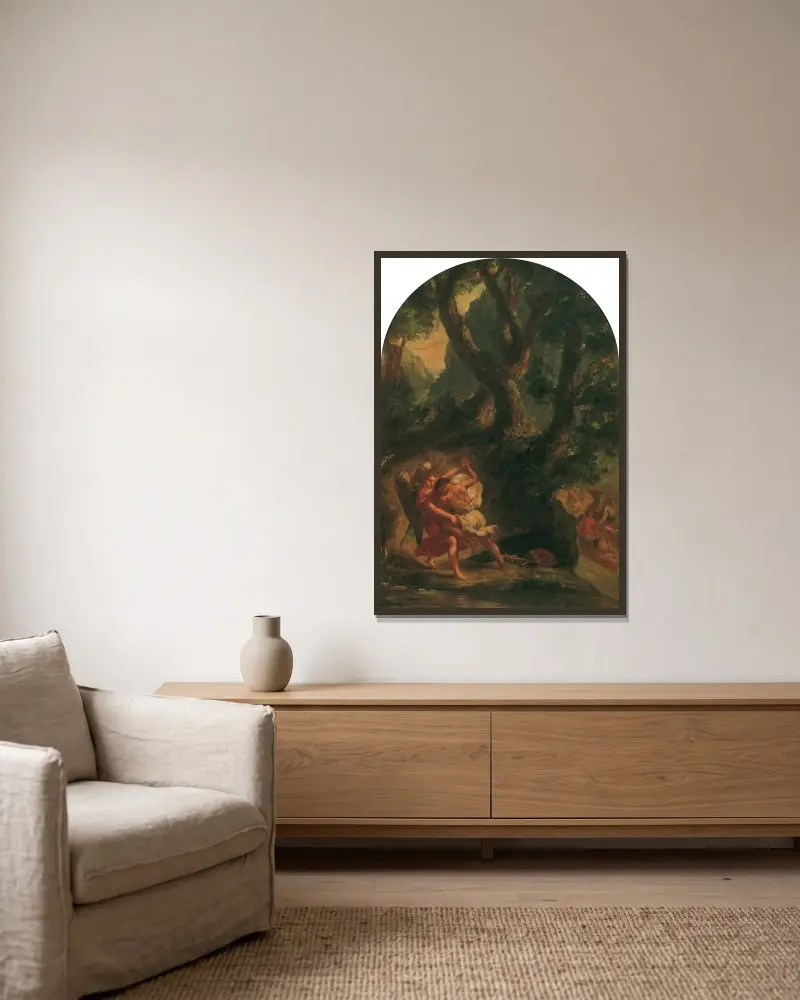 Jakob ringt mit dem Engel av Eugène Delacroix inramad på en vägg
