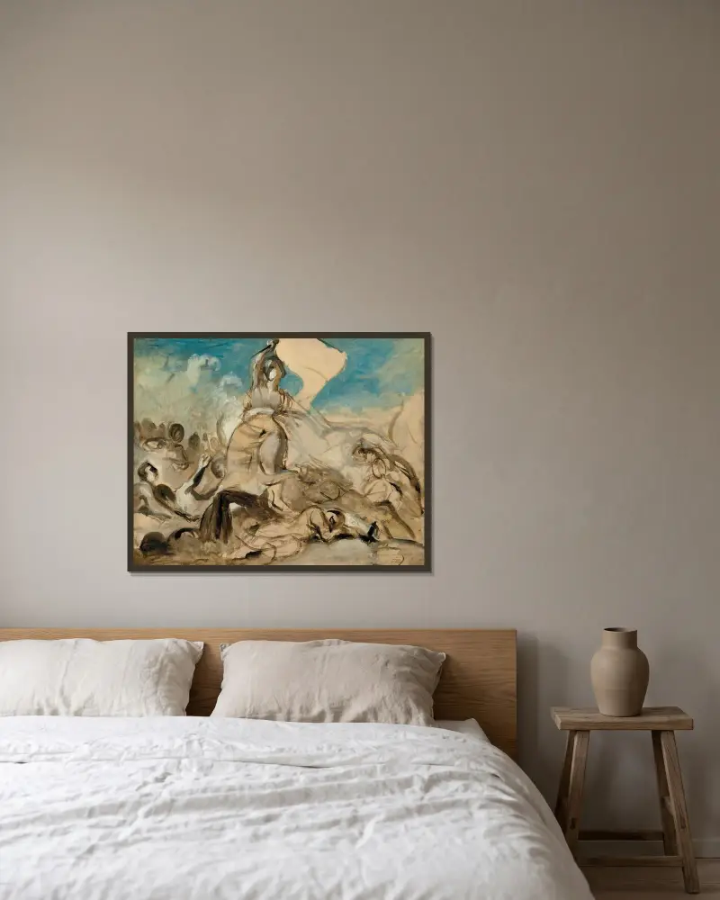 La liberté guidant le peuple av Eugène Delacroix inramad på en vägg