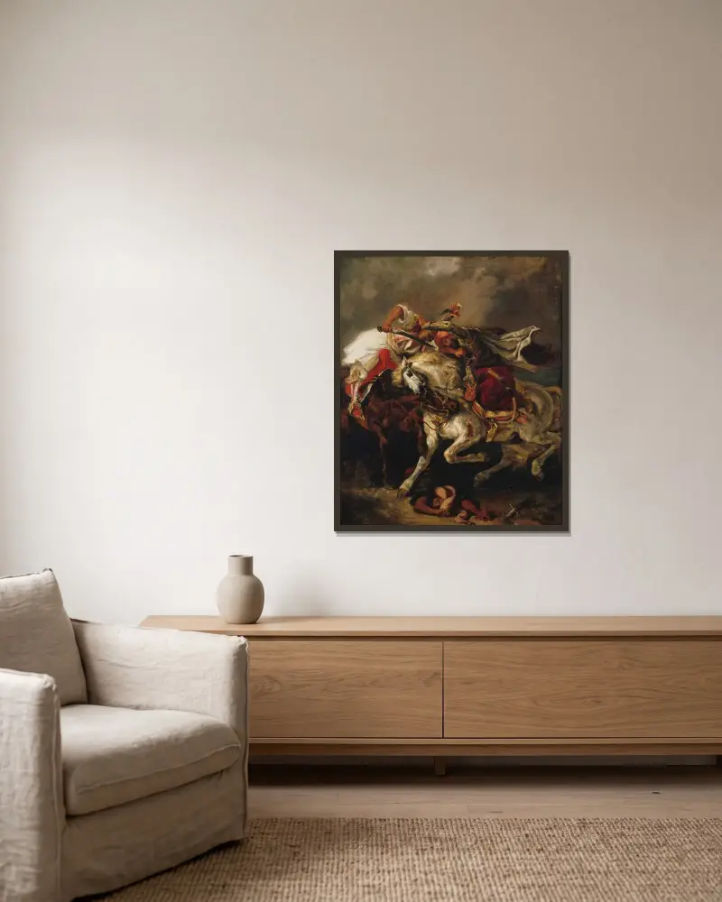 Le Combat du Giaour et du Pacha av Eugène Delacroix inramad på en vägg