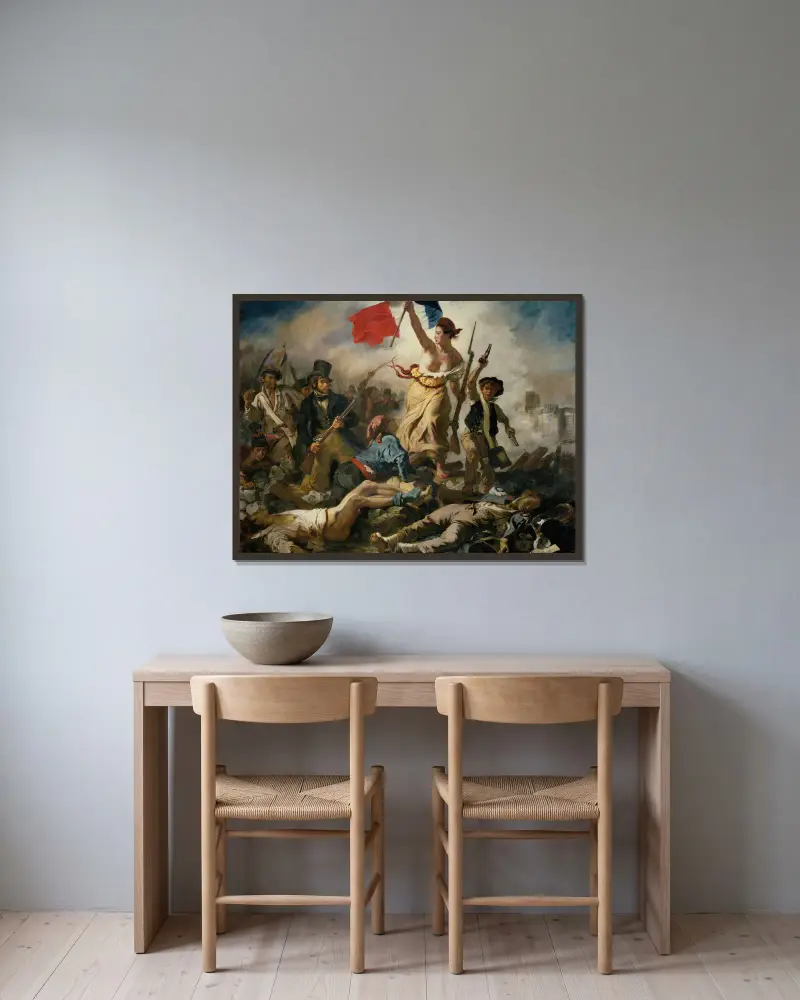 Friheten på barrikaderna av Eugène Delacroix inramad på en vägg