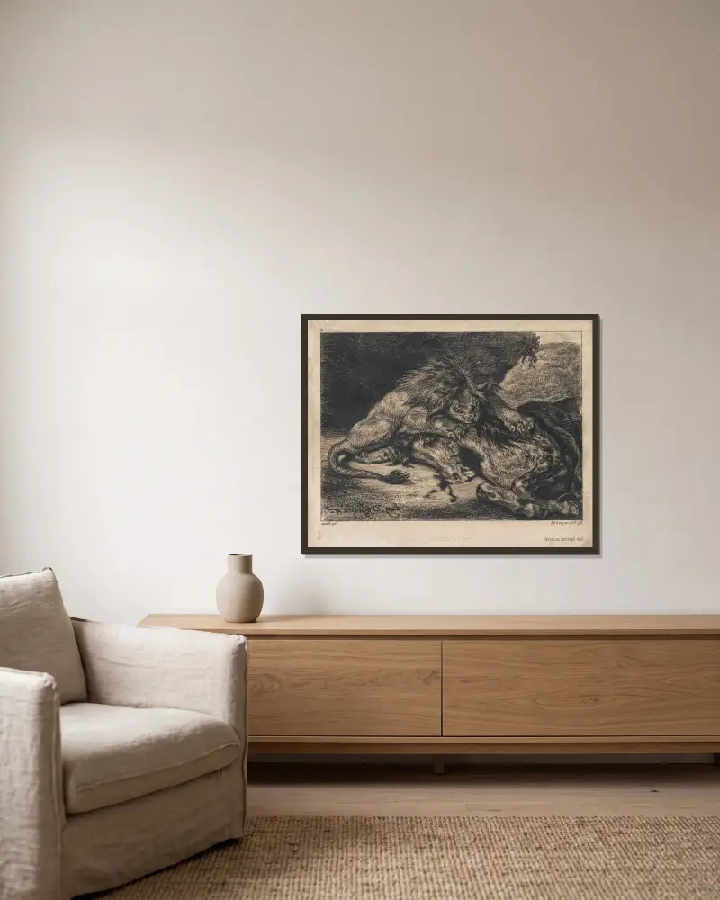 Löwe, ein Pferd verschlingend, 1844 – Nr. 1 von Eugène Delacroix gerahmt an einer Wand