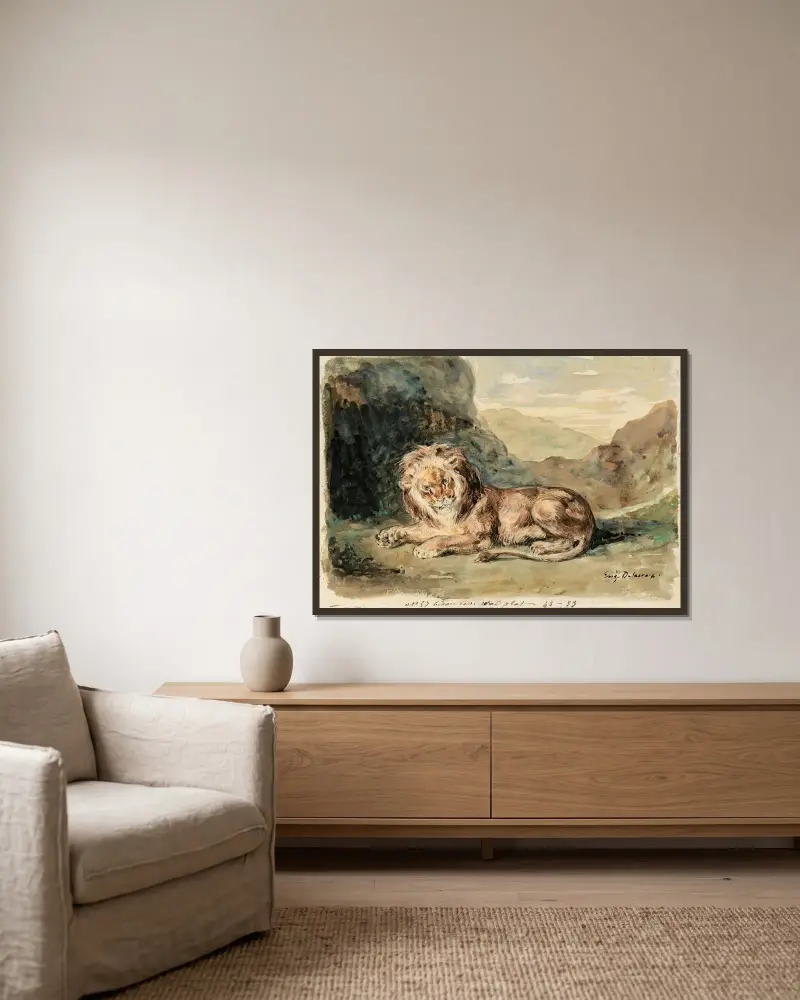Lying Lion In A Landscape av Eugène Delacroix inramad på en vägg