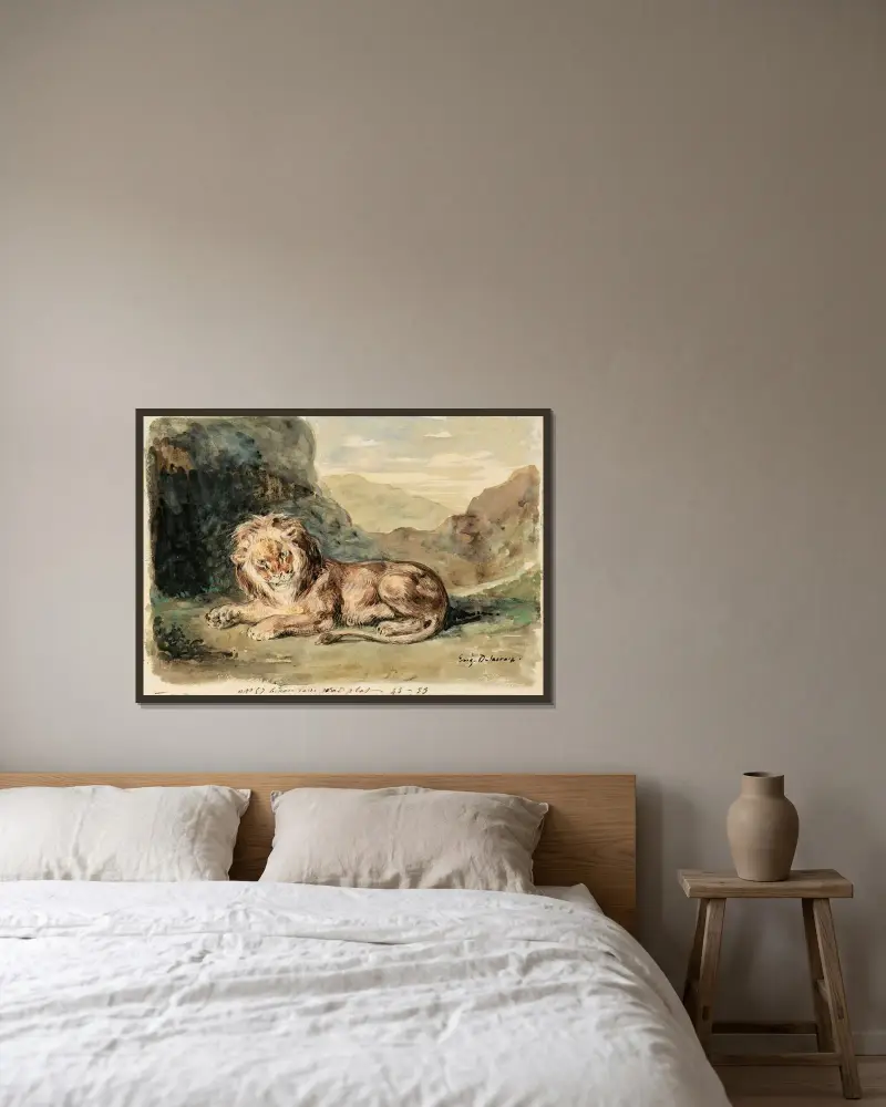 Lying Lion In A Landscape av Eugène Delacroix inramad på en vägg