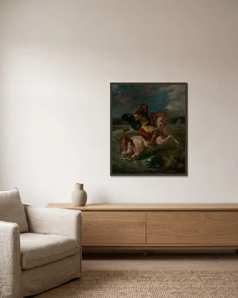 Moroccan Horseman Crossing a Ford av Eugène Delacroix inramad på en vägg