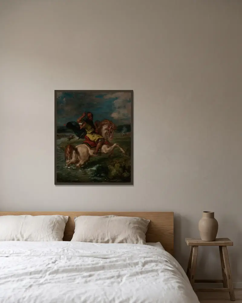 Moroccan Horseman Crossing a Ford av Eugène Delacroix inramad på en vägg