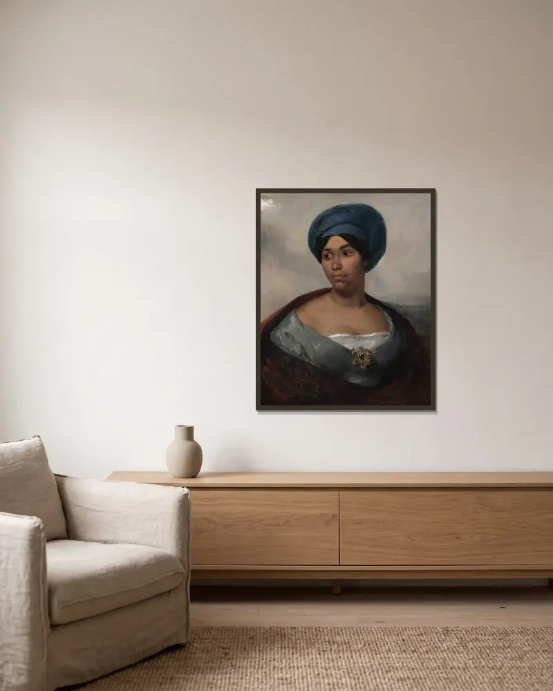 Portrait of a Woman in a Blue Turban av Eugène Delacroix inramad på en vägg