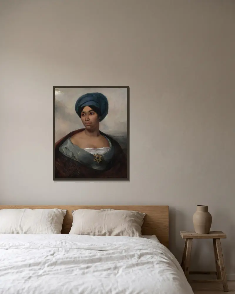Portrait of a Woman in a Blue Turban av Eugène Delacroix inramad på en vägg