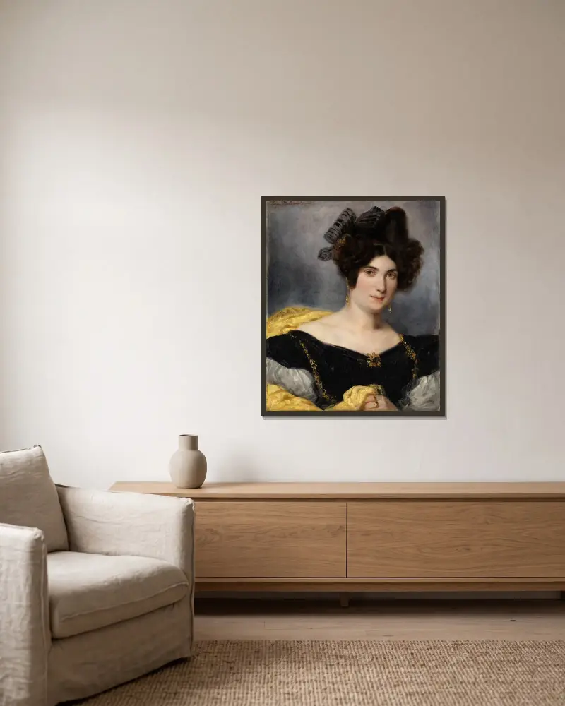 Portrait of Madame François Simon av Eugène Delacroix inramad på en vägg