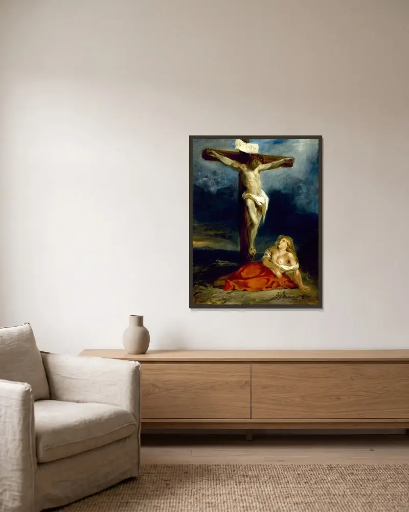 Saint Mary Magdalene At The Foot Of The Cross av Eugène Delacroix inramad på en vägg